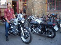 My friend Malte, outside the Brit's place, on his newly restored Norton Featherbed framed bike